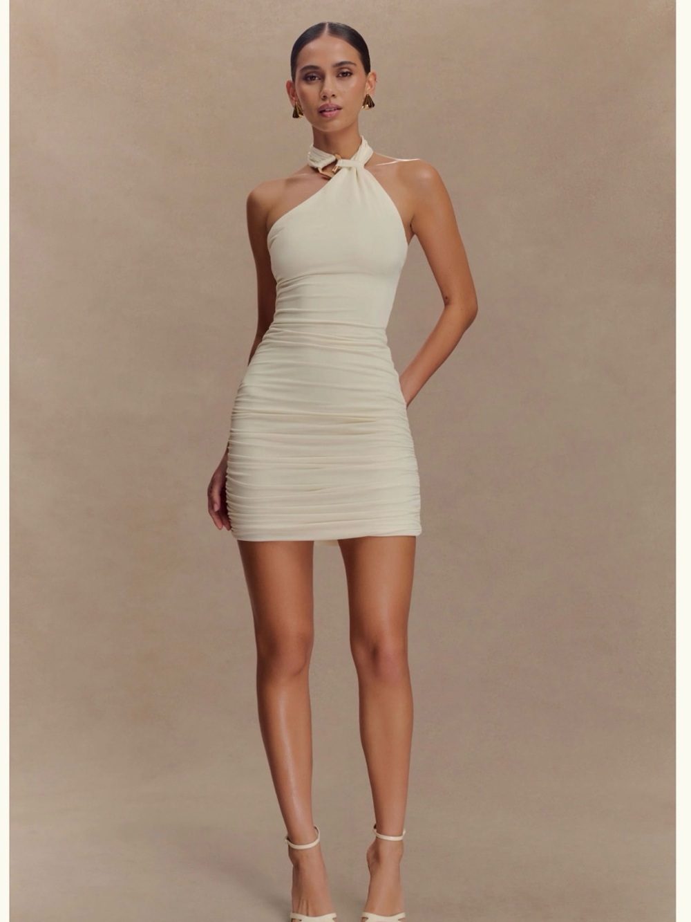 Meshki | Cream Twist-Neck Ruched Mini Dress